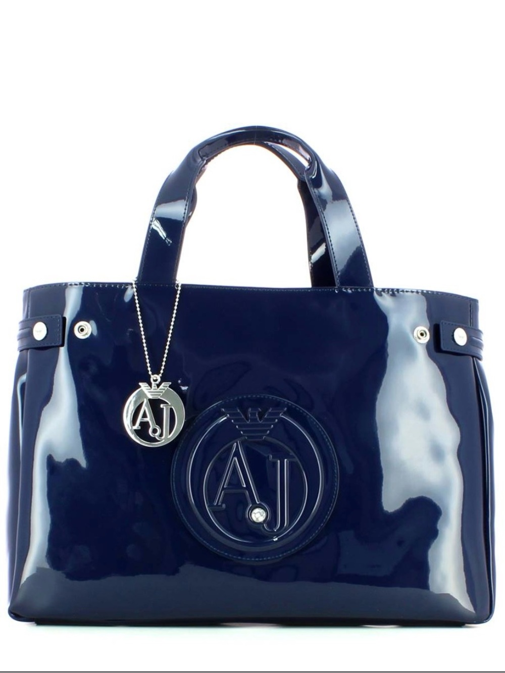 Armani Jeans Glossy Navy Patent Tote Bag with Logo Charm Handbag